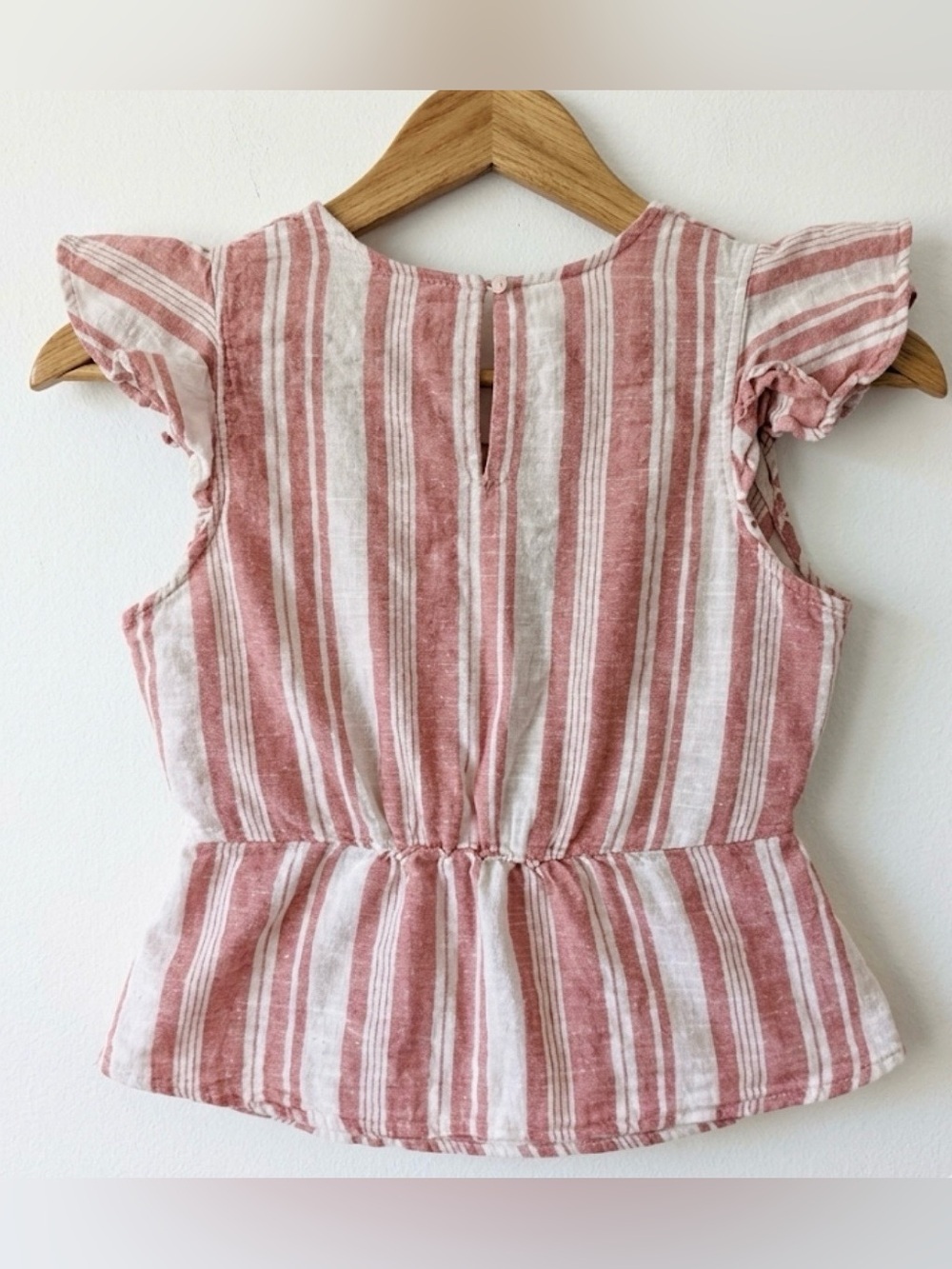 Old Navy Red & White Striped Linen Blend Wrap Top Flutter Sleeve Peplum Medium - Picture 3 of 6